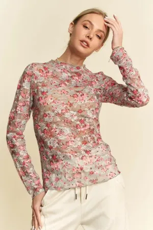 Davi & Dani Floral Print Mesh Long Sleeve Layering Top