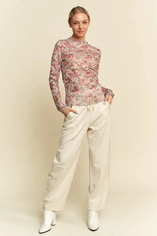 Davi & Dani Floral Print Mesh Long Sleeve Layering Top