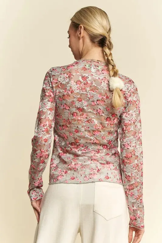 Davi & Dani Floral Print Mesh Long Sleeve Layering Top