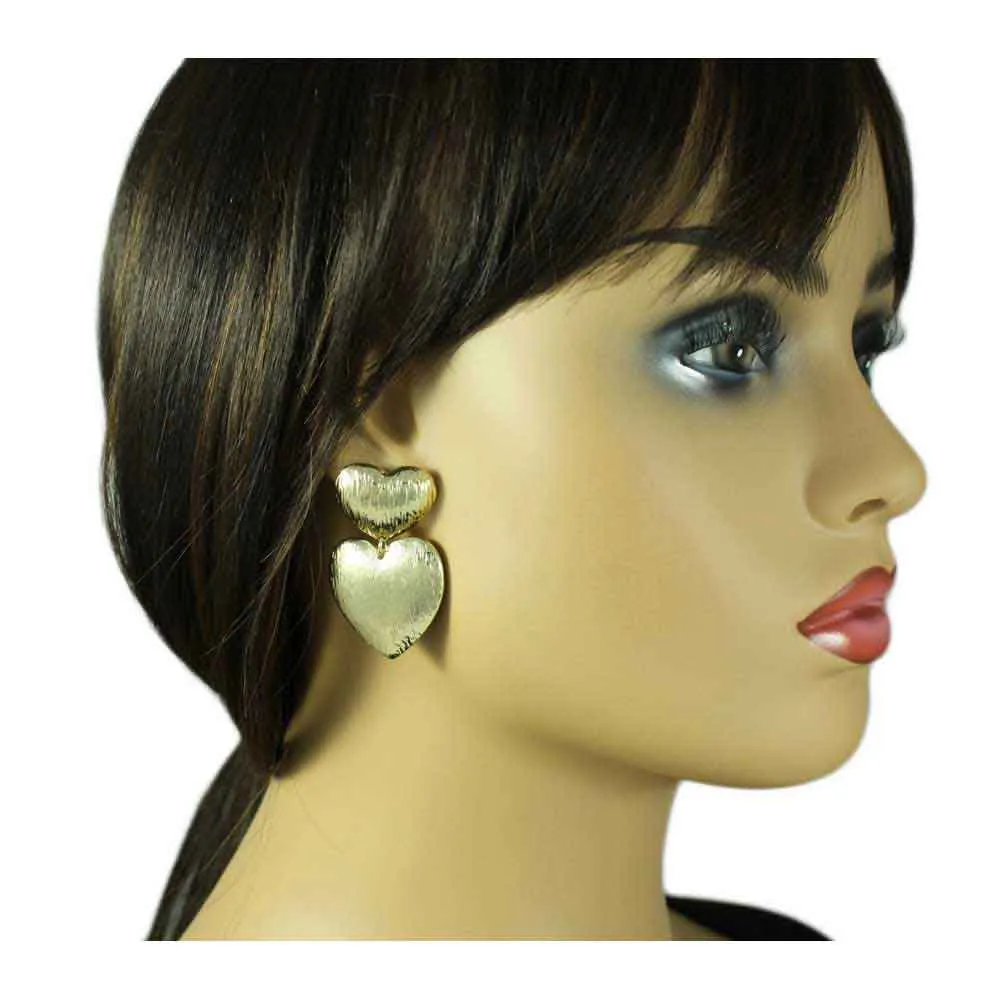 Double Gold Textured Hearts Dangling Pierced Earring - MEC503