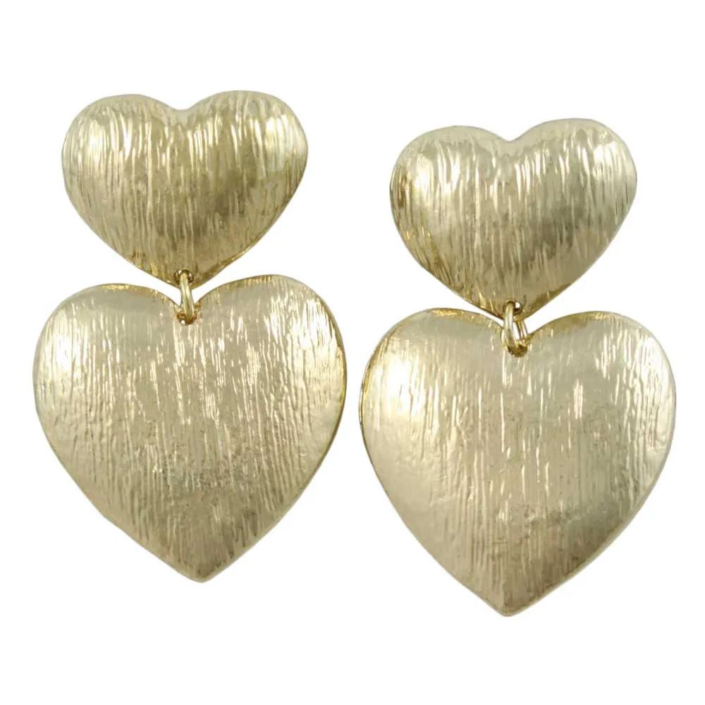 Double Gold Textured Hearts Dangling Pierced Earring - MEC503