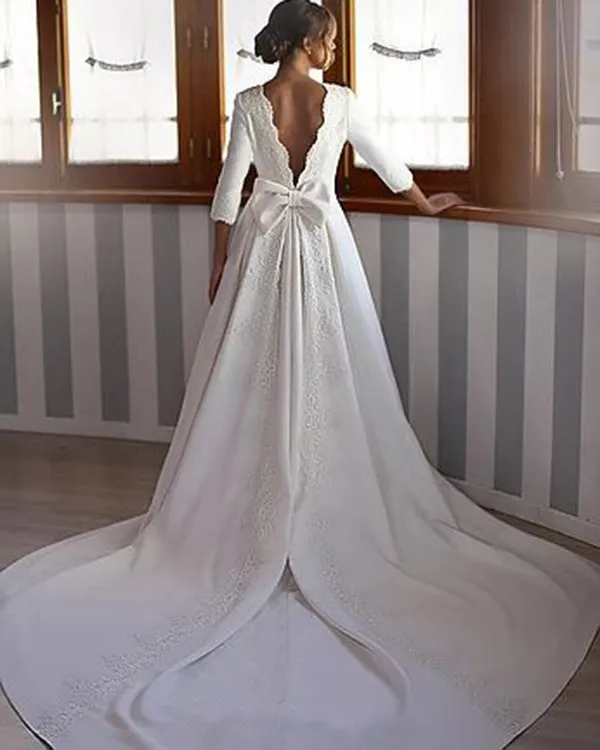 Elegant 2019 Satin Wedding Dresses Half Sleeve A-line Lace Long Bridal Dress Chapel Train