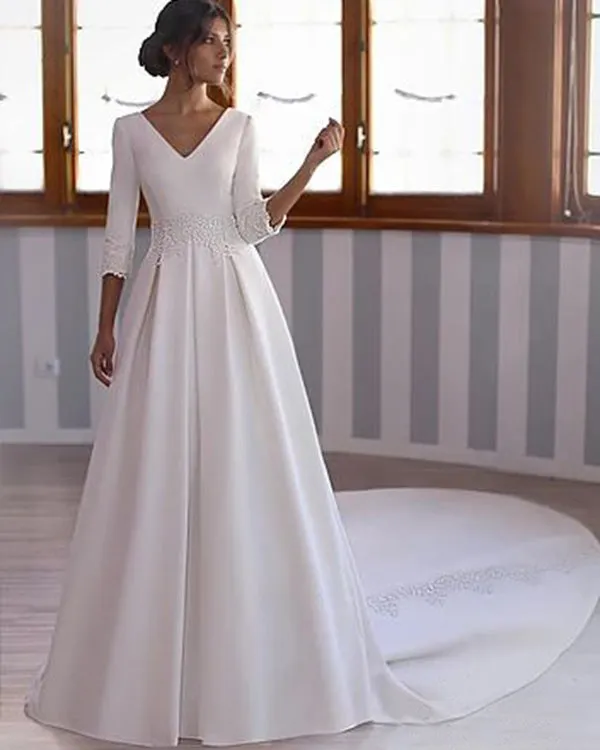 Elegant 2019 Satin Wedding Dresses Half Sleeve A-line Lace Long Bridal Dress Chapel Train