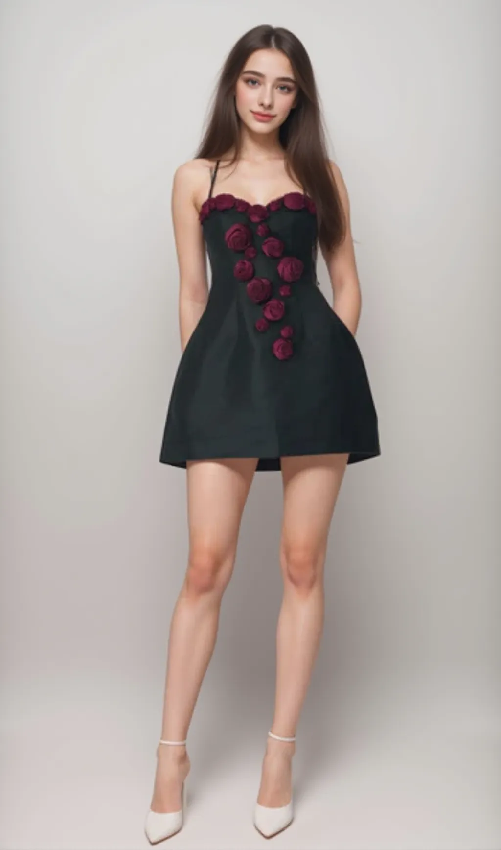Elegant Burgundy 3D Floral Black Satin Mini Dress