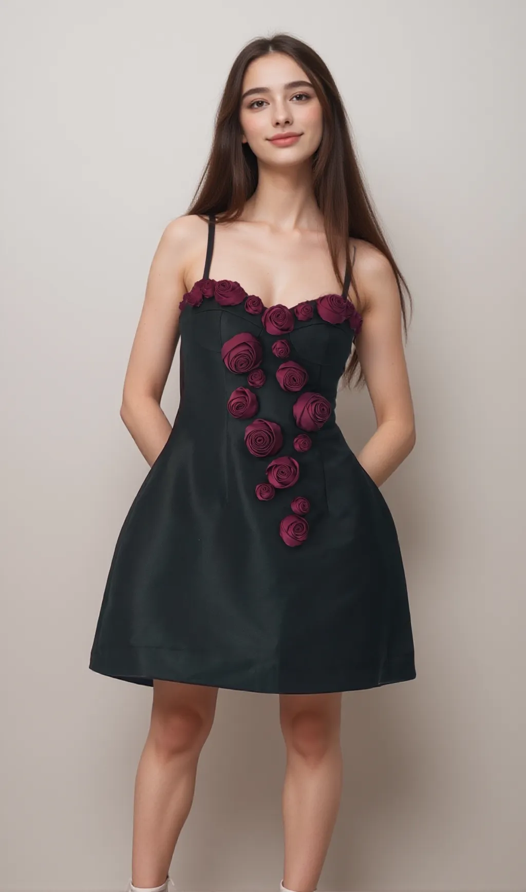 Elegant Burgundy 3D Floral Black Satin Mini Dress