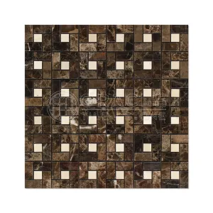 Emperador Dark Spanish Marble Pinwheel Mosaic Tile with Crema Marfil Marble Dots, Polished