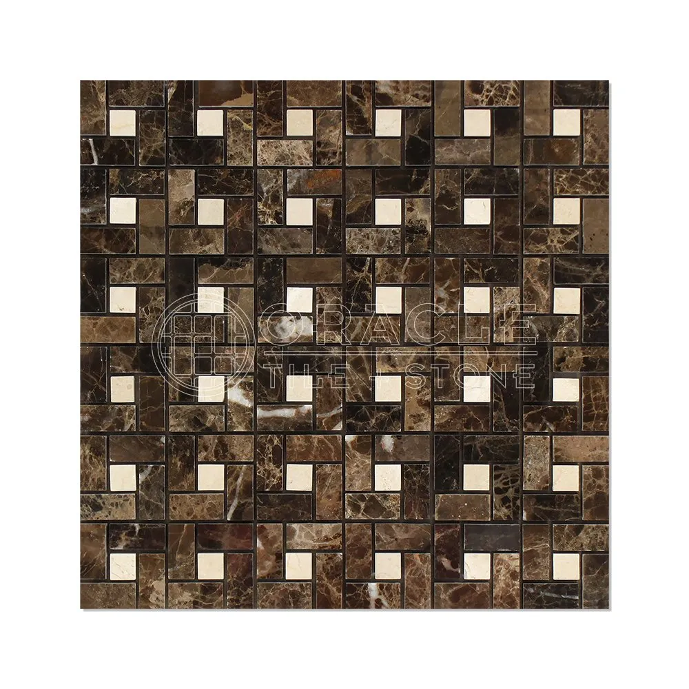 Emperador Dark Spanish Marble Pinwheel Mosaic Tile with Crema Marfil Marble Dots, Polished