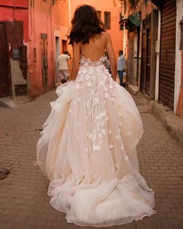 Fashion 2020 Summer Beach Wedding Dresses Sweetheart Lace 3D Flowers Bodice  A-line Organza Wedding Gown