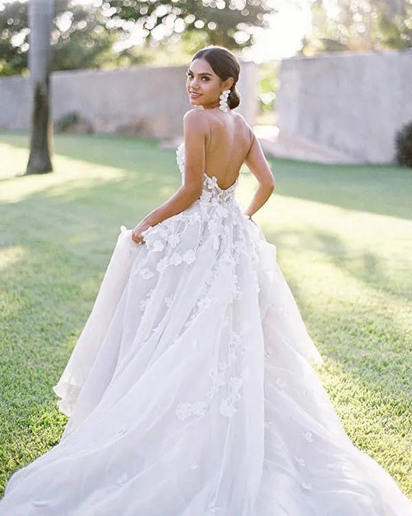 Fashion 2020 Summer Beach Wedding Dresses Sweetheart Lace 3D Flowers Bodice  A-line Organza Wedding Gown