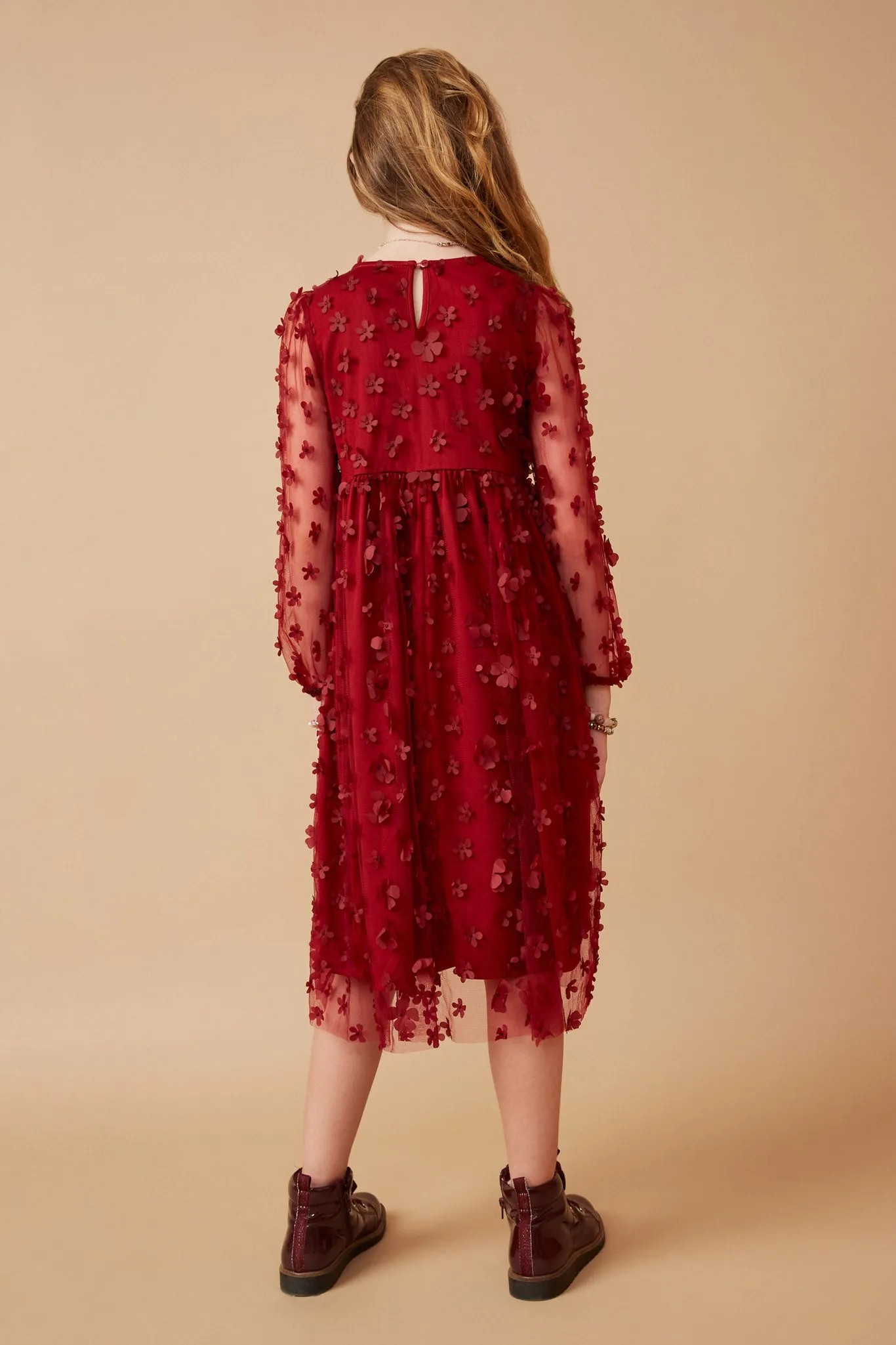 Floral Applique Long Sleeve Mesh Dress