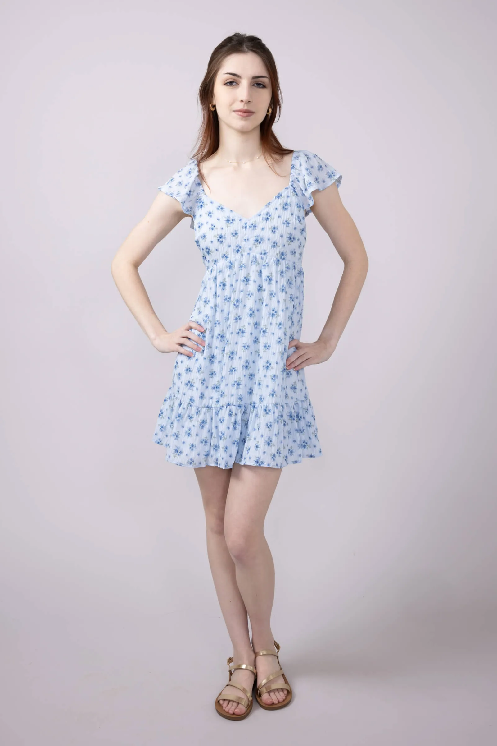 Floral Flutter Sleeve Dress for Women in Sky Blue | VD33896-SKY