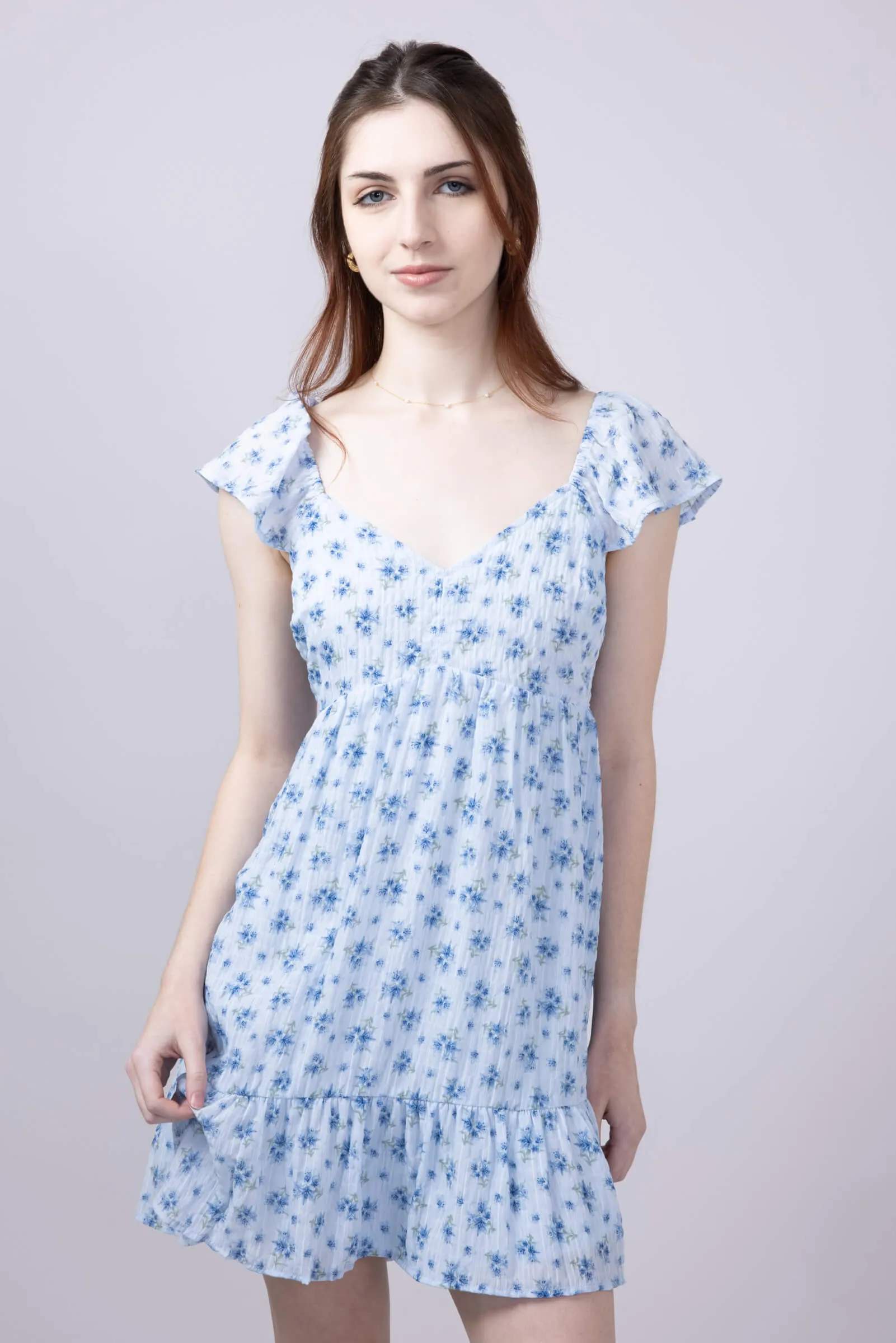Floral Flutter Sleeve Dress for Women in Sky Blue | VD33896-SKY