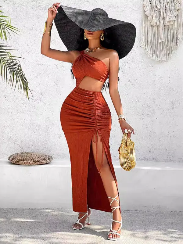 Gathered Pleated Maxi Dress with Hollow Slit and One-Shoulder Cut-Out