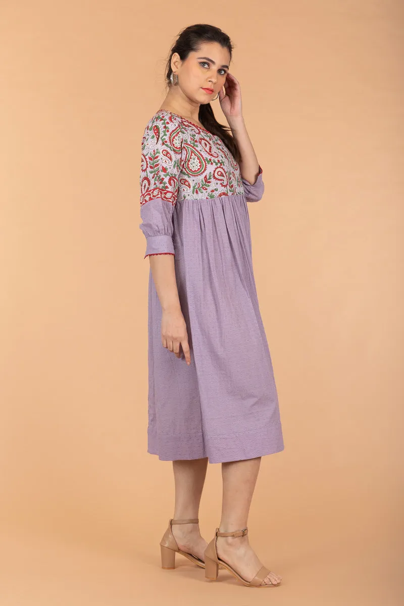 Gathered Wrap Dress in Lilac & Red Hand Block Printed Cotton with slip (Set of 2)