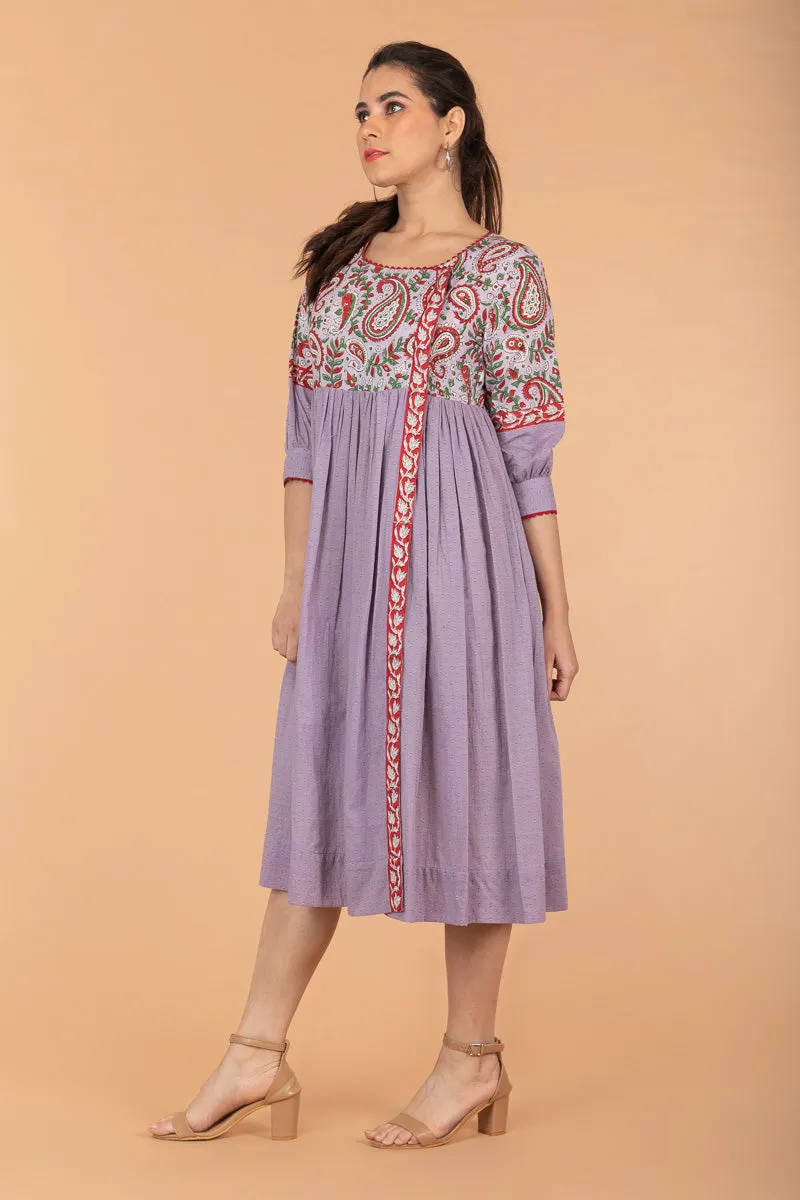 Gathered Wrap Dress in Lilac & Red Hand Block Printed Cotton with slip (Set of 2)