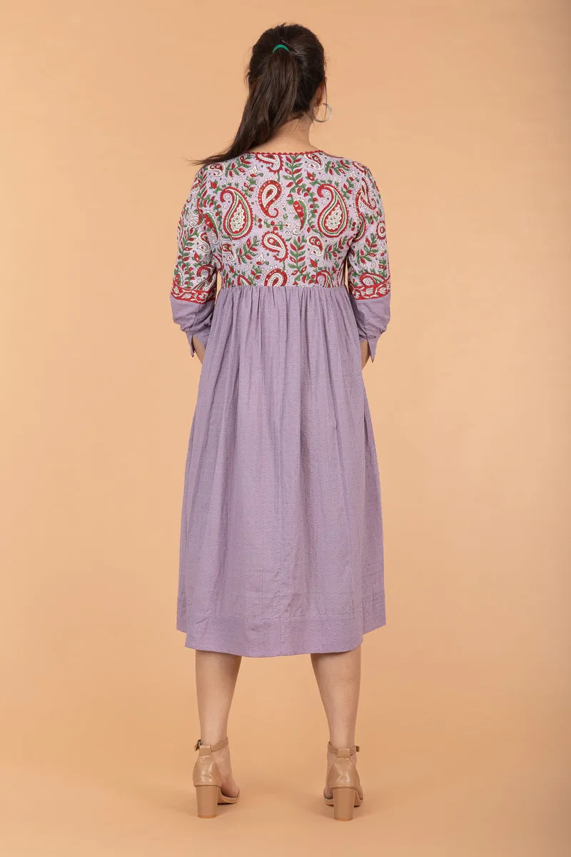 Gathered Wrap Dress in Lilac & Red Hand Block Printed Cotton with slip (Set of 2)