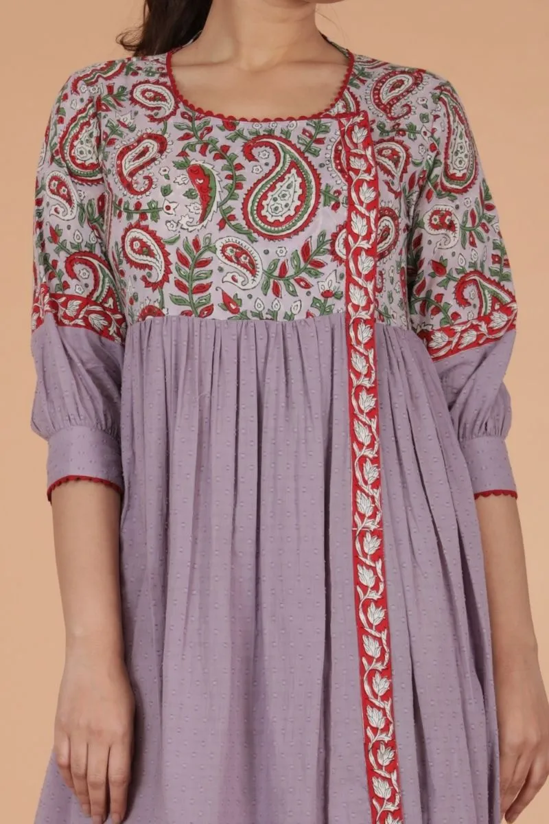 Gathered Wrap Dress in Lilac & Red Hand Block Printed Cotton with slip (Set of 2)