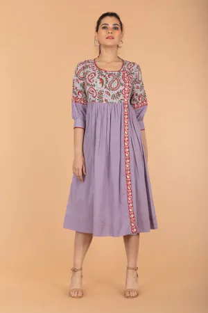 Gathered Wrap Dress in Lilac & Red Hand Block Printed Cotton with slip (Set of 2)