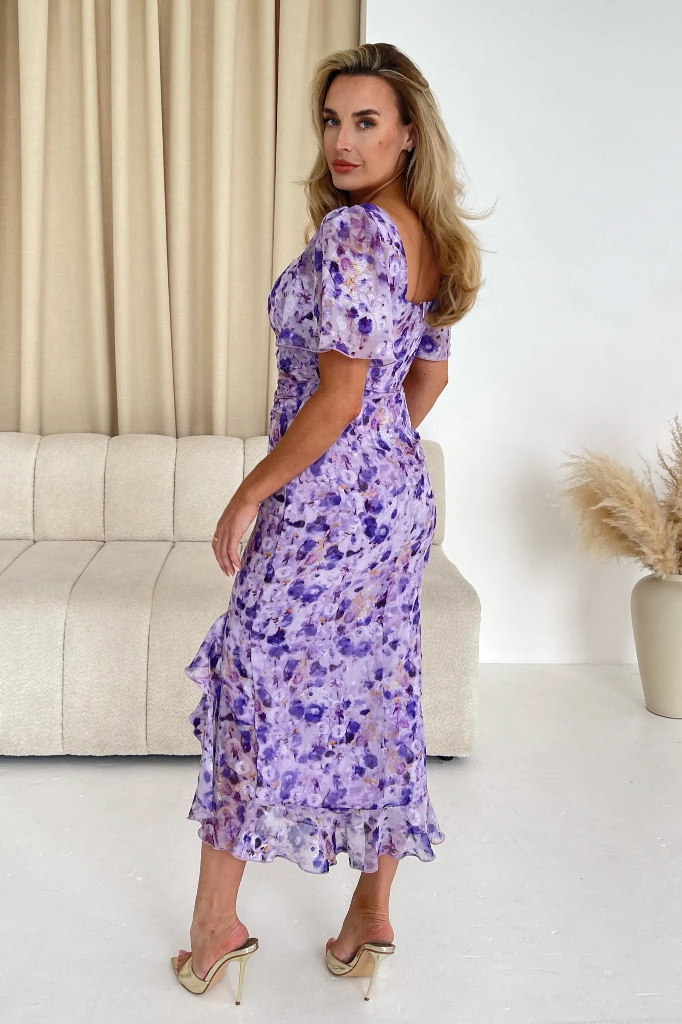 Girl In Mind Heidi Light Purple Floral Burnout Ruched Midi Dress S18420
