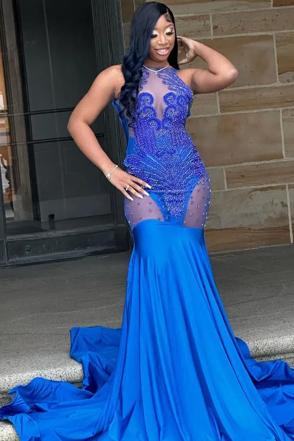 Glorious Royal Blue Lace Sleeveless Mermaid Prom Dress