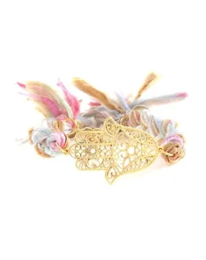 Gold Hamsa and Vintage Ribbon Bracelet