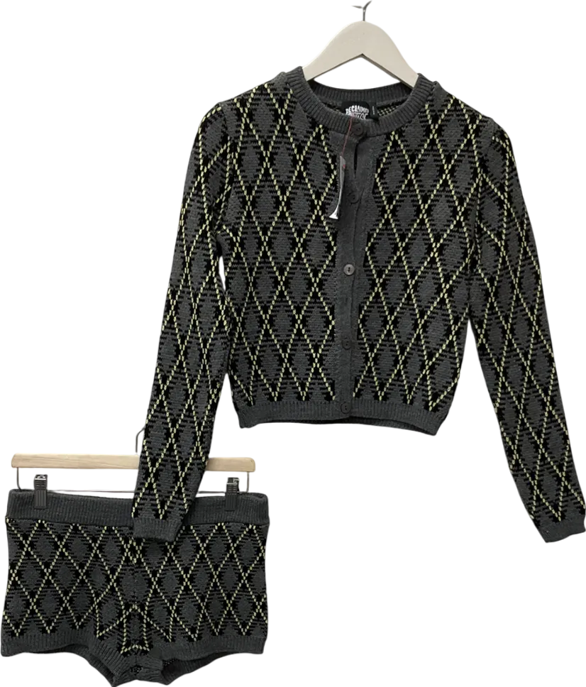 Grey Reclaimed Vintage Knitted Cardi Co-ord In Argyle Print UK S/M