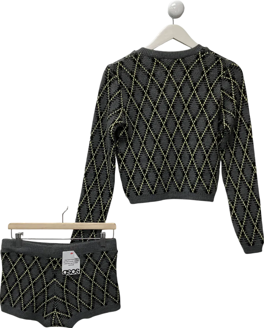 Grey Reclaimed Vintage Knitted Cardi Co-ord In Argyle Print UK S/M