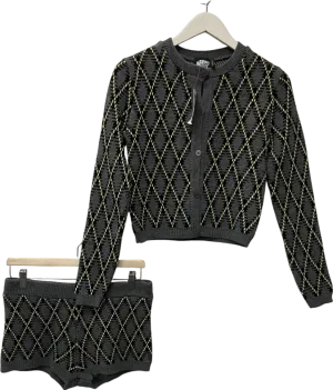 Grey Reclaimed Vintage Knitted Cardi Co-ord In Argyle Print UK S/M