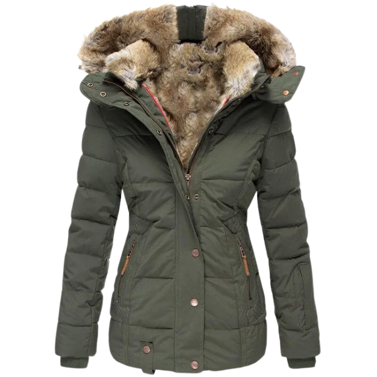 Grüner gesteppter Wintermantel mit Fellkragen - Laura