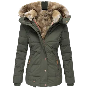 Grüner gesteppter Wintermantel mit Fellkragen - Laura