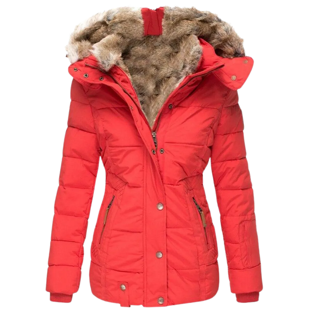 Grüner gesteppter Wintermantel mit Fellkragen - Laura