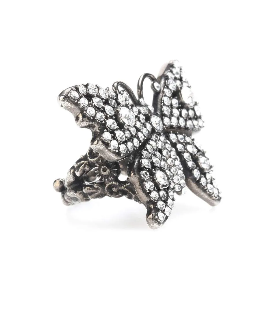 Gucci Crystal Embellished Butterfly Motif Ring in Silver