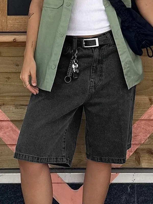 Hoch Geschnittene Denim Shorts mit geradem Bein