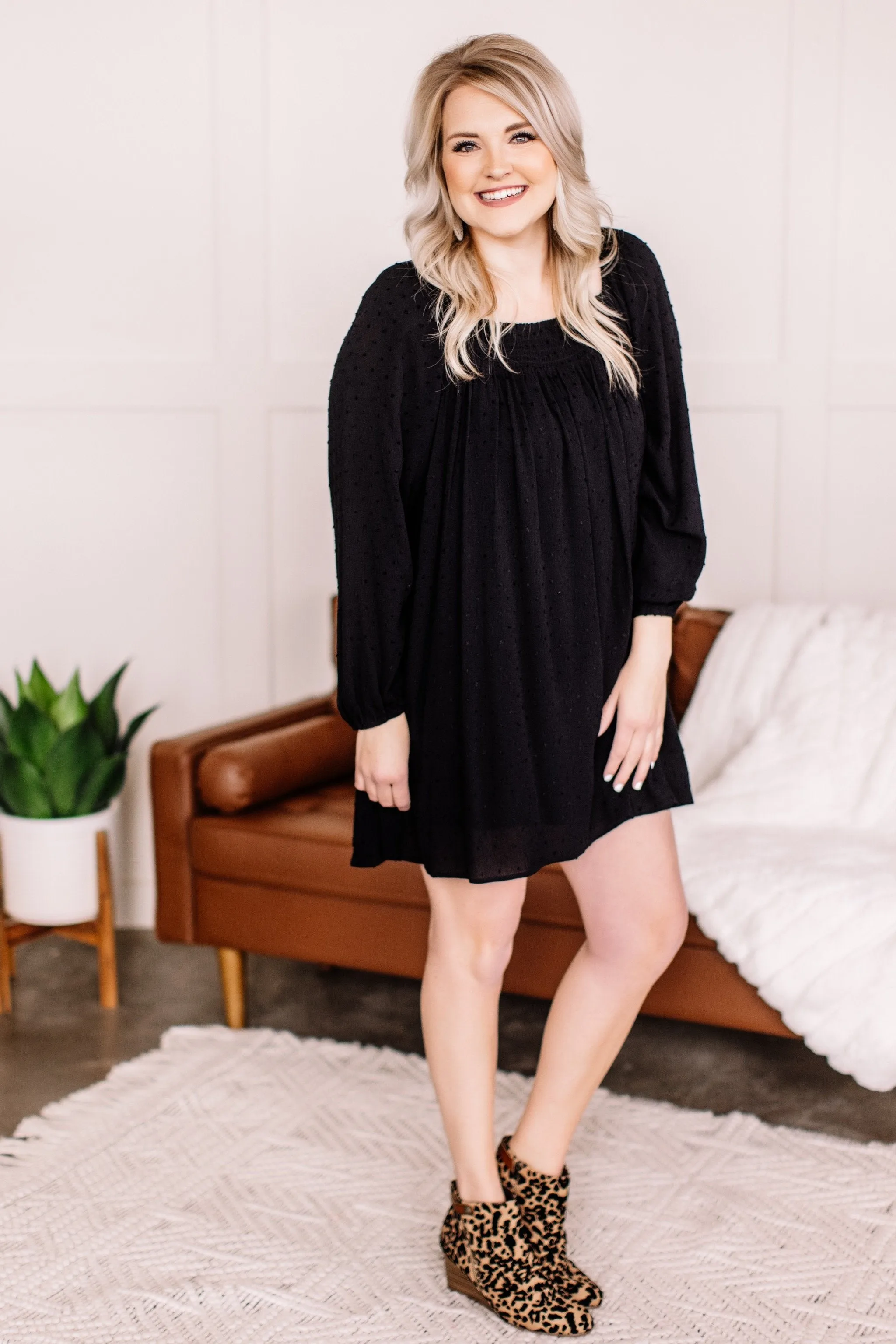 Home For The Holidays Swiss Dot Dress in Black
