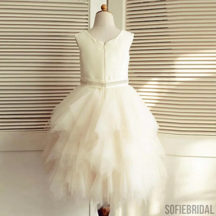 Ivory Satin Top Beaded Belt Tulle Flower Girl Dresses, Pixie Tutu Dresses, Little Girl Dresses, FG074
