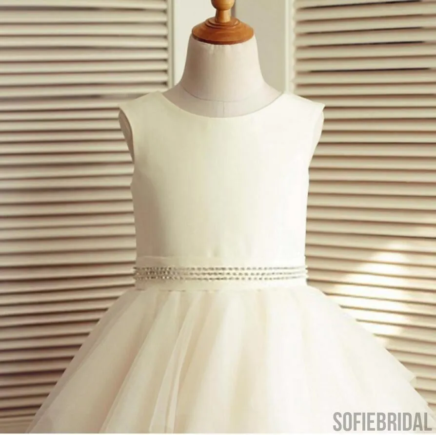 Ivory Satin Top Beaded Belt Tulle Flower Girl Dresses, Pixie Tutu Dresses, Little Girl Dresses, FG074