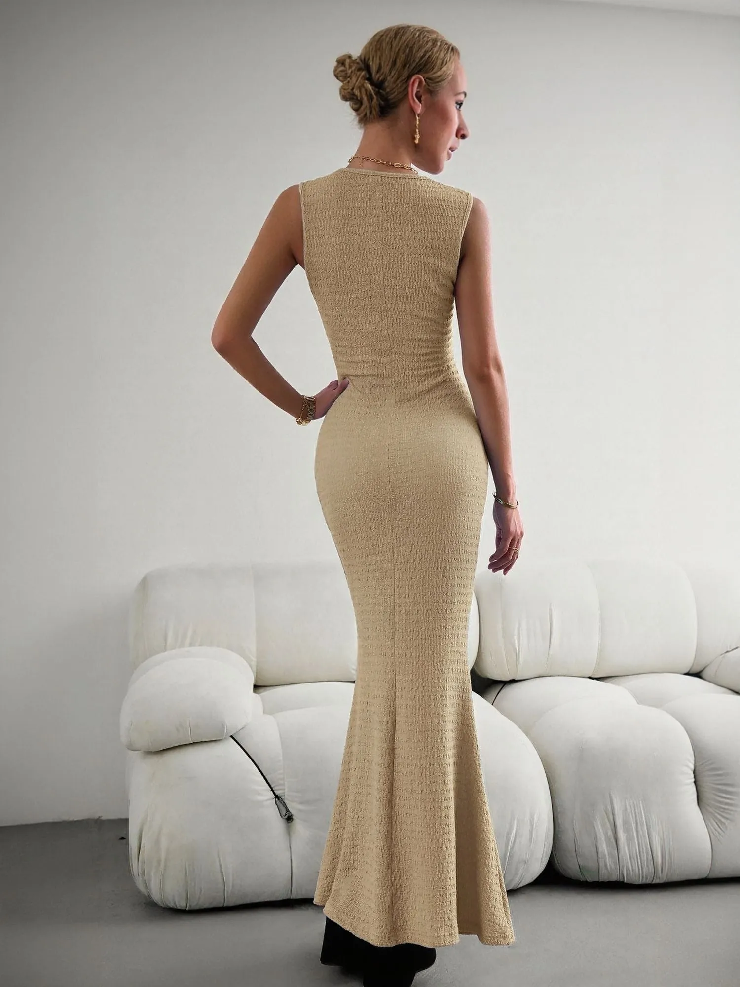 Khaki High Neck Textured Maxi Dress