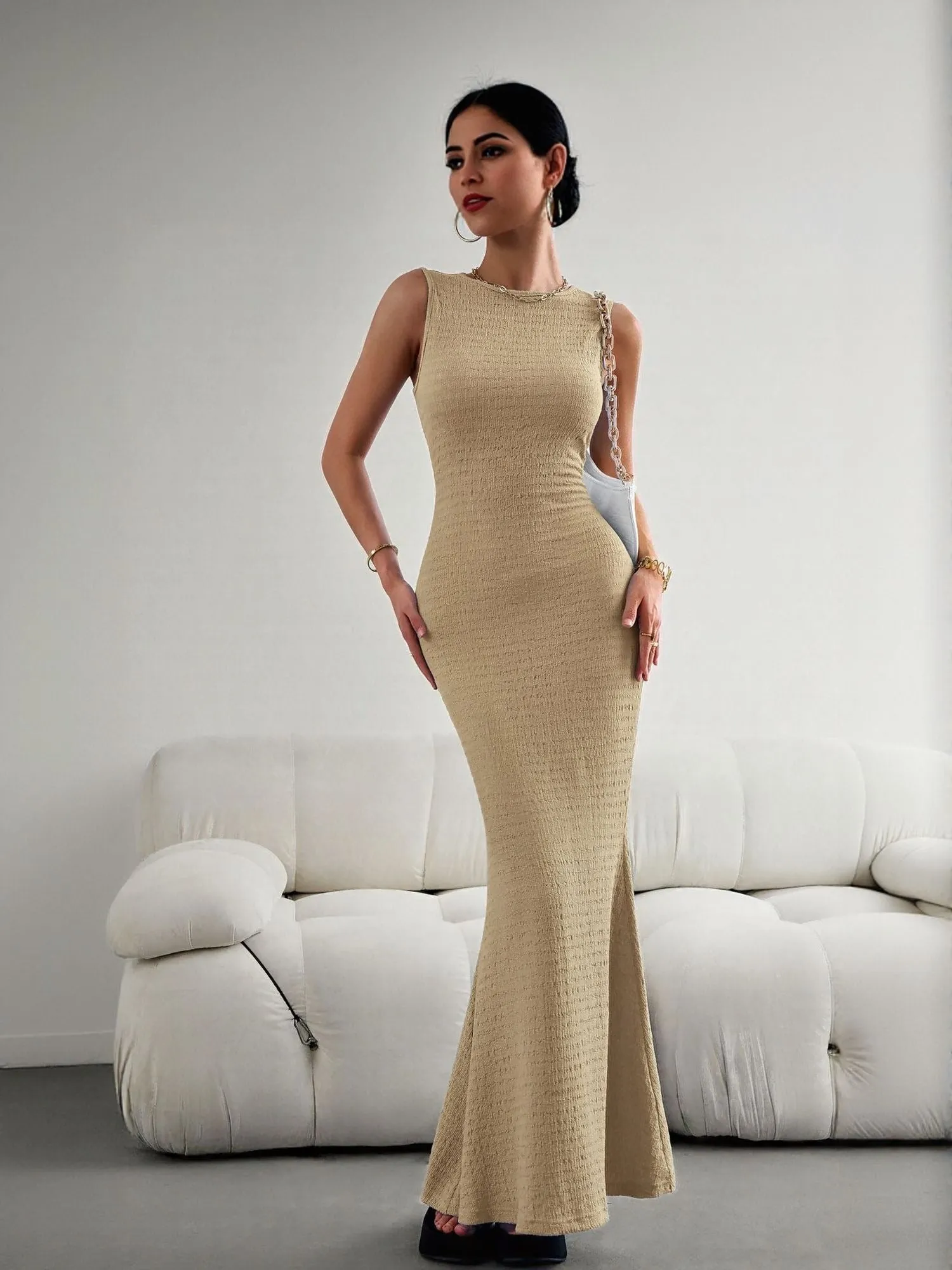 Khaki High Neck Textured Maxi Dress