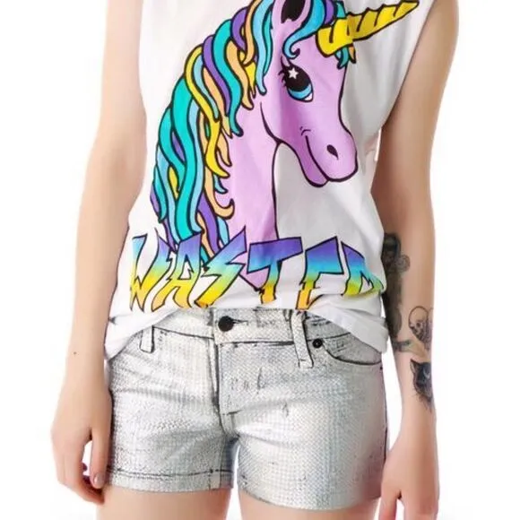 Kill City JUNKIE PYRAMID HOLOGRAPHIC FOIL SHORTS Dolls Kill Silver Size 24