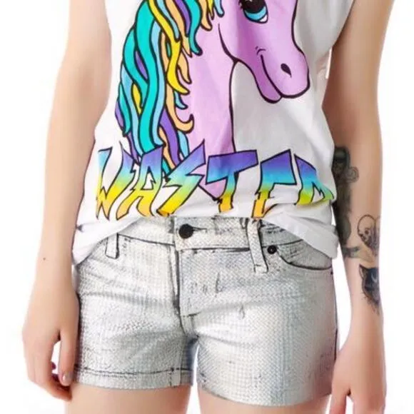 Kill City JUNKIE PYRAMID HOLOGRAPHIC FOIL SHORTS Dolls Kill Silver Size 24