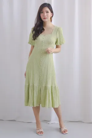 Kylo Texture Puffy Sleeve Buttons Midi Dress In Tea Green