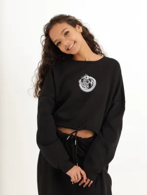 Ladies Cropped Drawchord Fleece Top - Black