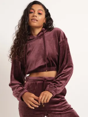 Ladies Velour Cropped Hoody - Burgundy