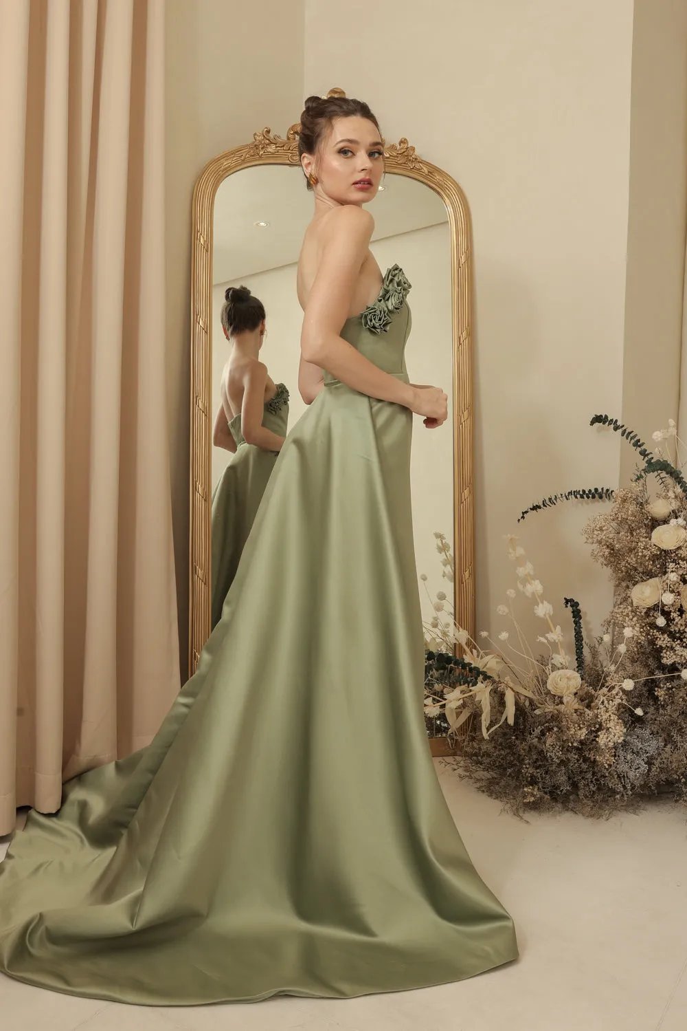 LEONORA GOWN Curve Neckline Maxi Dress with Full Floral Detail on Neckline and Detachable Trail Skirt (Olive Green Duchess Satin)