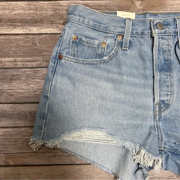 Levis 501 Light Wash Distressed Cut Off Raw Edge High Rise Button Fly Jean Short