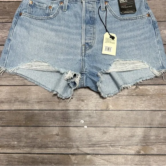 Levis 501 Light Wash Distressed Cut Off Raw Edge High Rise Button Fly Jean Short