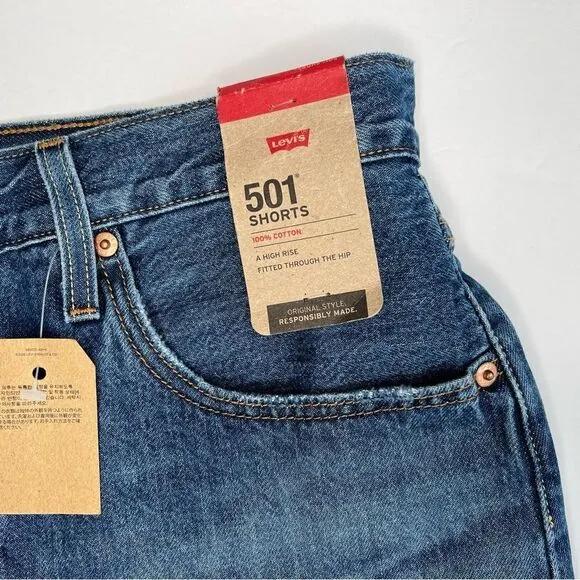 Levi's 501 Shorts 100% Cotton High Rise Fitted Through Hip