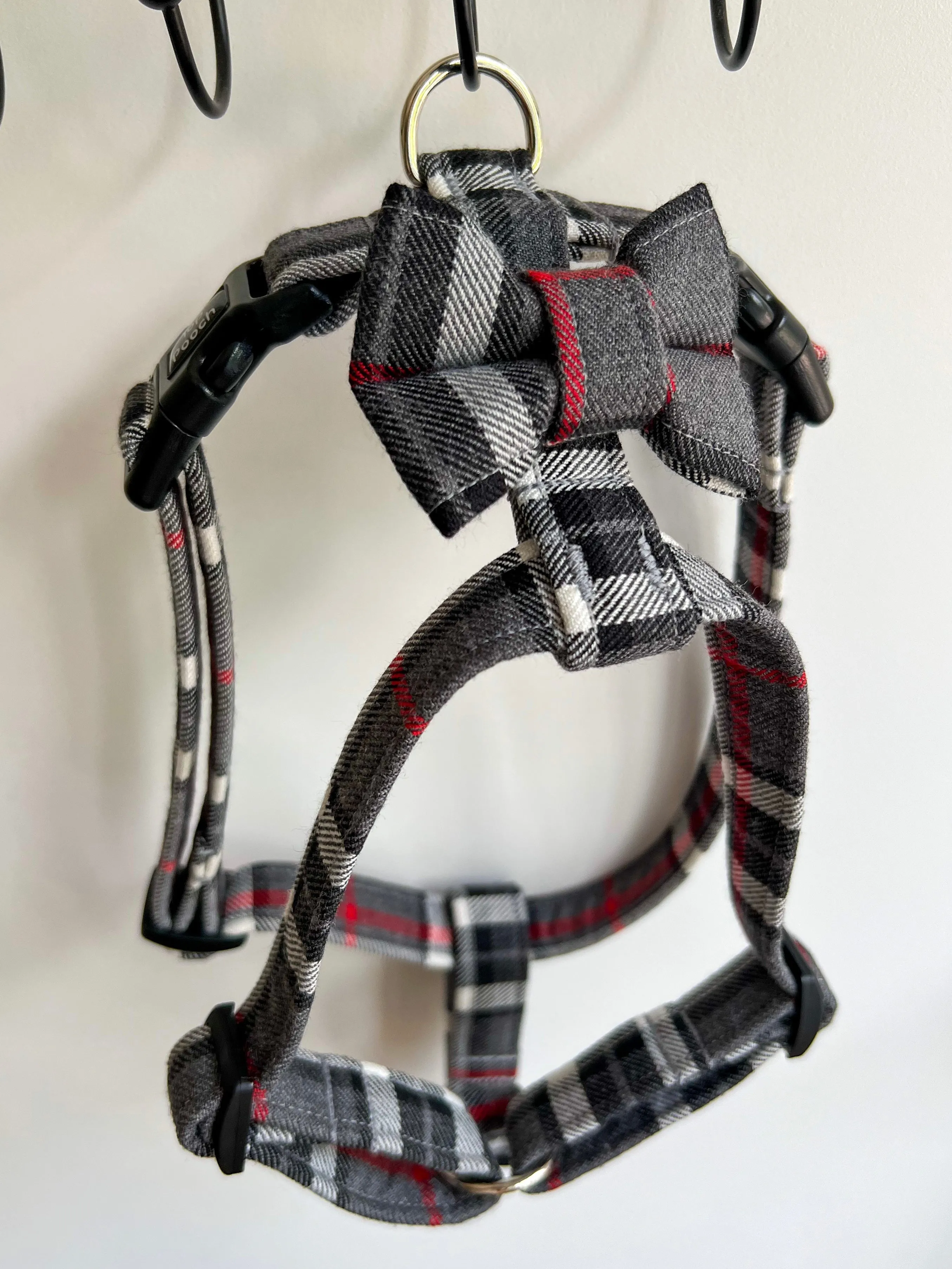 Light Grey   Red Stripe Tartan Dog Harness