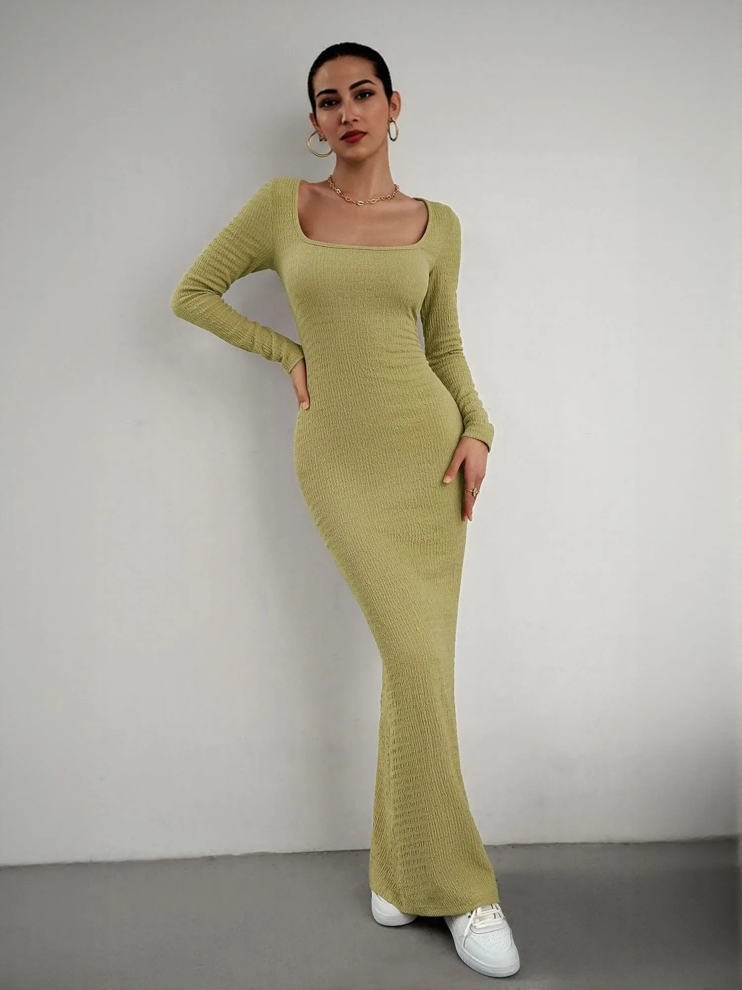 Lime Square Neck Textured Maxi Dress