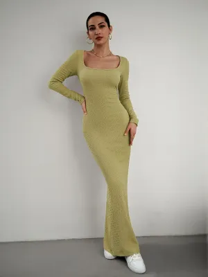 Lime Square Neck Textured Maxi Dress